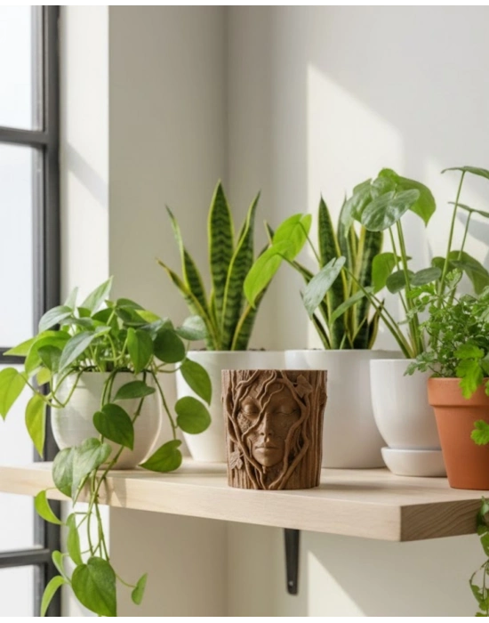 ® 3D Ağaç Gövdesi Formlu Yüz Figürlü Dekoratif Saksı Sanatsal Tasarım Vazo