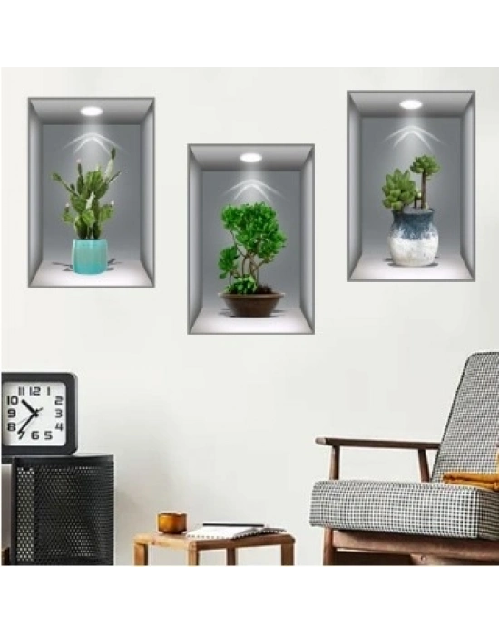 ® 3D Çiçek Vazo Duvar Sticker 3 lü Set GRİ Fon