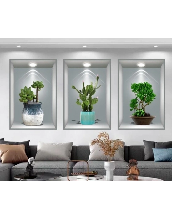 ® 3D Çiçek Vazo Duvar Sticker 3 lü Set GRİ Fon