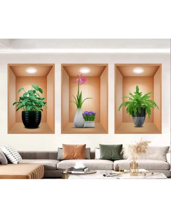 ® 3D Çiçek Vazo Duvar Sticker 3 lü Set Kahverengi Fon