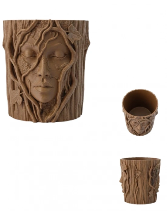 ® 3D Doğal Ahşap Görünümlü Yüz Detaylı Dekoratif Vazo Sanat Tasarım