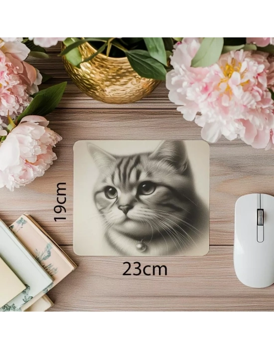 3D Etkili Kalemle Çizilmiş Kedi Mouse Pad - 19x23 cm 2 mm Dikdörtgen İthal Baskılı Mouse Pad