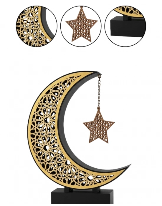 ® 3D Hilal Yıldız Dekoratif Obje 23x23 cm Modern ve Manevi Tasarım