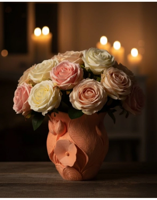 ® 3D Kabartmalı Çiçek Motifli Turuncu Dekoratif Vazo