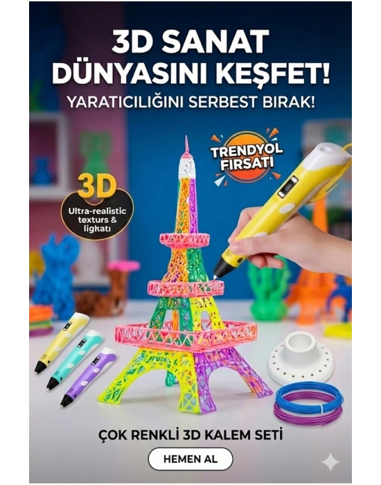 ® 3D Kalem Seti (SARI) Dijital Göstergeli + 3 Renk Filament Hediyeli Eğitici Yazıcı ABS/PLA Uyumlu