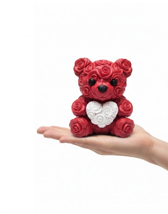 ® 3D Kalp Ayıcık 10 cm Gül Detaylı Dekoratif Hediye Obje