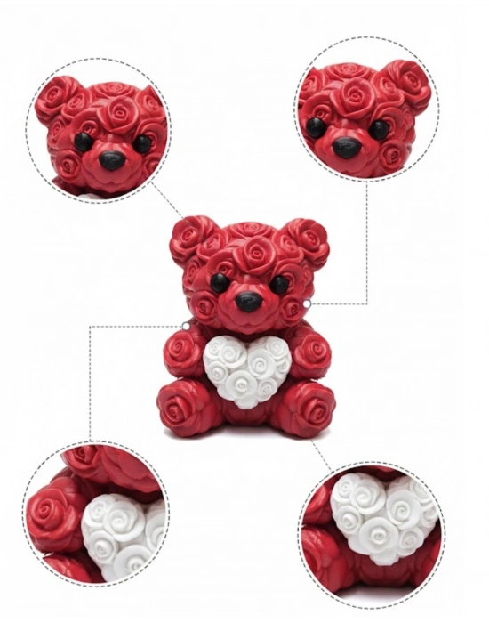 ® 3D Kalp Ayıcık 10 cm Gül Detaylı Dekoratif Hediye Obje