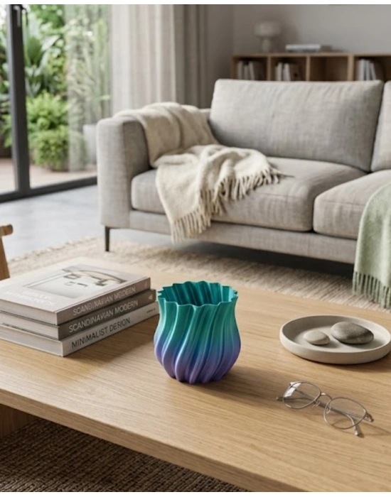 3D Kıvrımlı Mavi Vazo Modern Dekoratif Şık Ev Aksesuarı