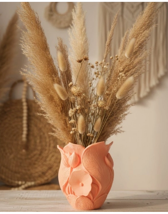 ® 3D Özel Baskı Turuncu Çiçekli Dekoratif Vazo Salon Ofis Dekoru