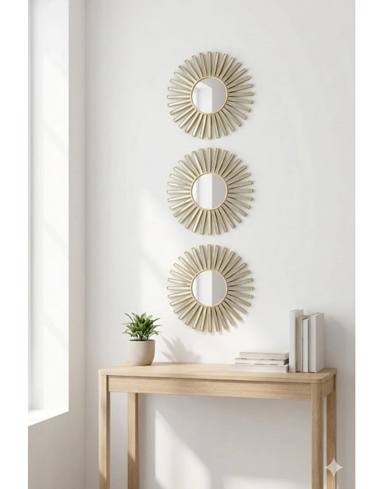 ® 3’lü Gold Güneş Desenli Duvar Aynası Seti 27 cm | Dekoratif Yuvarlak Ayna