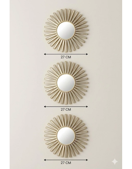® 3’lü Gold Güneş Desenli Duvar Aynası Seti 27 cm | Dekoratif Yuvarlak Ayna