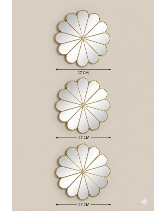 ® 3’lü Gold Güneş Desenli Duvar Aynası Seti 27 cm | Dekoratif Yuvarlak Ayna