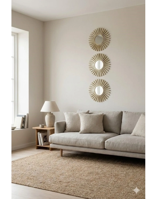 ® 3’lü Gold Güneş Desenli Duvar Aynası Seti 27 cm | Dekoratif Yuvarlak Ayna