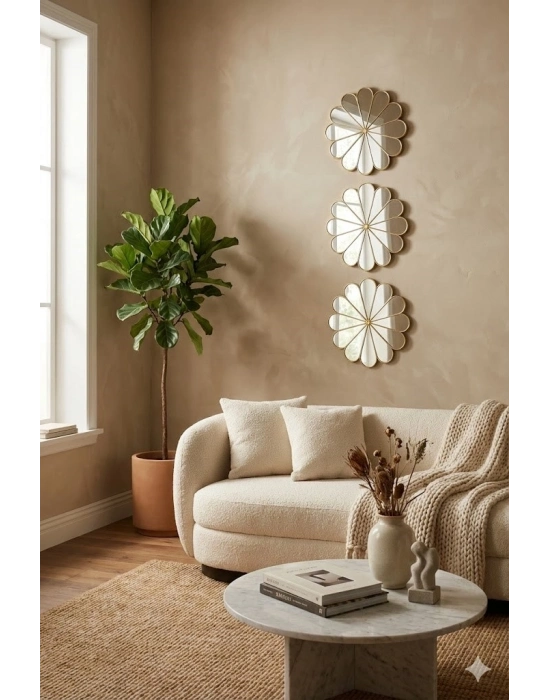 ® 3’lü Gold Güneş Desenli Duvar Aynası Seti 27 cm | Dekoratif Yuvarlak Ayna