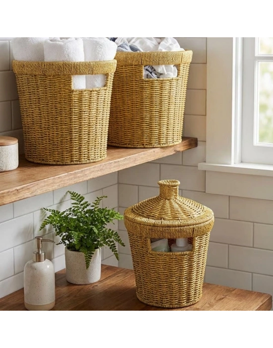 ®  3’lü İç İçe Geçebilen Büyük Plastik Rattan Hasır Sepet Seti-Dayanıklı Çok Amaçlı Ev,Banyo ve Mutfak Düzenleyici