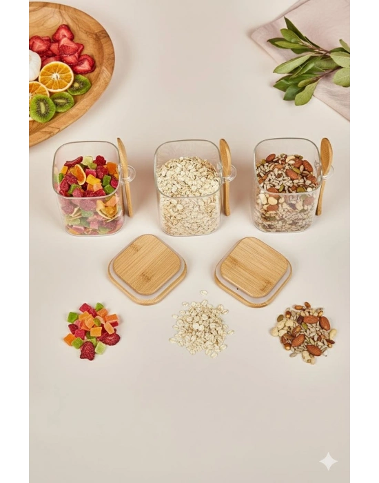 3’lü Kaşıklı Cam Kavanoz Seti Baharatlık Saklama Kavanozu 450 ml