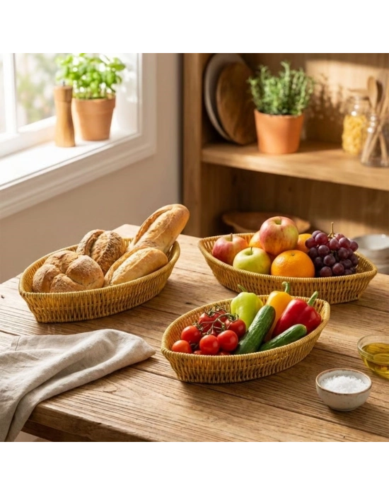 ®  3’lü Kayık Formlu Plastik Rattan Sepet Seti–Hasır Görünümlü Ekmek, Meyve ve Sunum Sepetleri, Çok Amaçlı Masaüstü Organizer