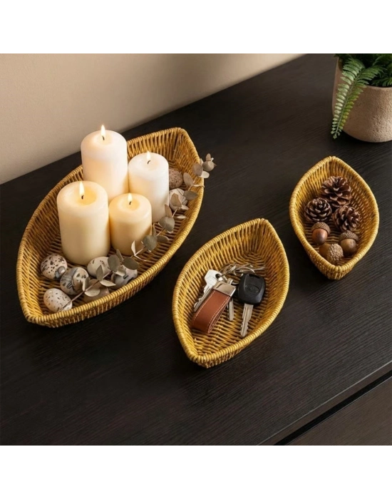 ®  3’lü Kayık Formlu Plastik Rattan Sepet Seti–Hasır Görünümlü Ekmek, Meyve ve Sunum Sepetleri, Çok Amaçlı Masaüstü Organizer