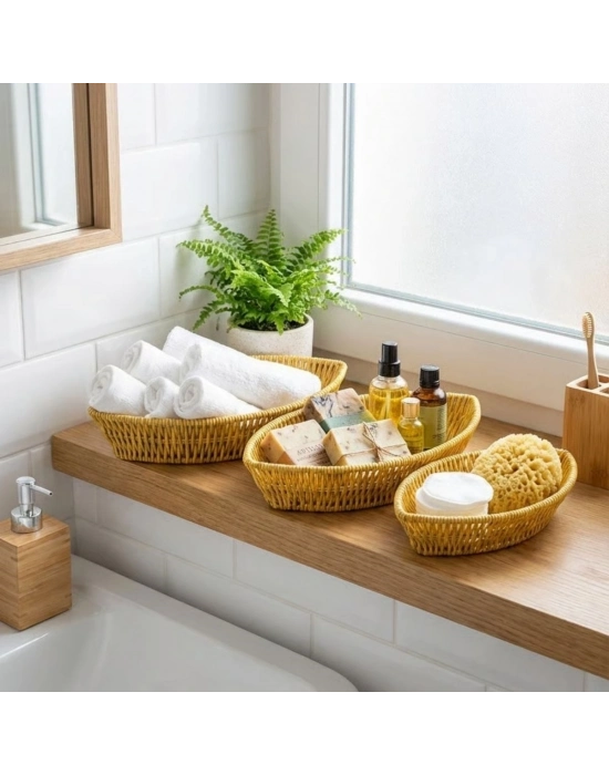 ®  3’lü Kayık Formlu Plastik Rattan Sepet Seti–Hasır Görünümlü Ekmek, Meyve ve Sunum Sepetleri, Çok Amaçlı Masaüstü Organizer