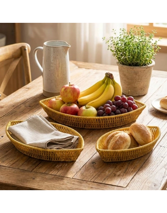 ®  3’lü Kayık Formlu Plastik Rattan Sepet Seti–Hasır Görünümlü Ekmek, Meyve ve Sunum Sepetleri, Çok Amaçlı Masaüstü Organizer