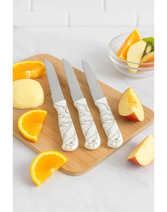 3’lü Paslanmaz Çelik Mermer Desenli Meyve Bıçak Seti