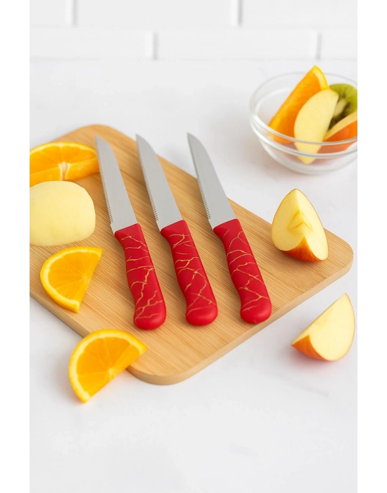 3’lü Paslanmaz Çelik Mermer Desenli Meyve Bıçak Seti