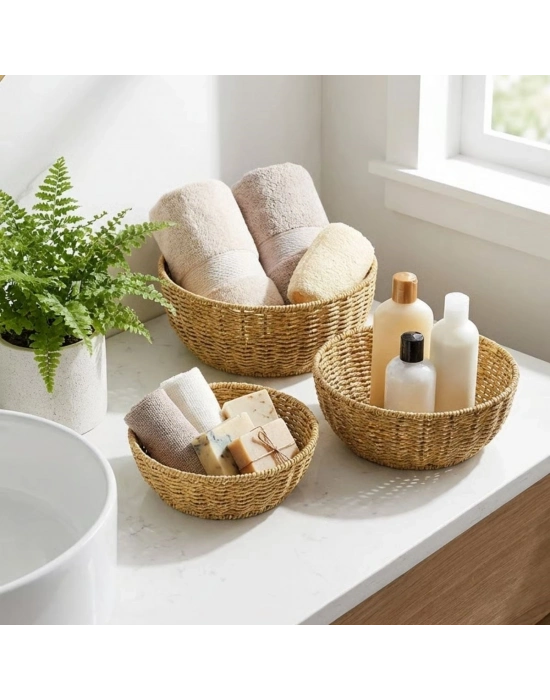 ®  3’lü Plastik Rattan Çanak Seti – Hasır Görünümlü İç İçe Geçebilen Sunum ve Düzenleme Kaseleri, Mutfak & Masaüstü Çok Amaçlı Organizer