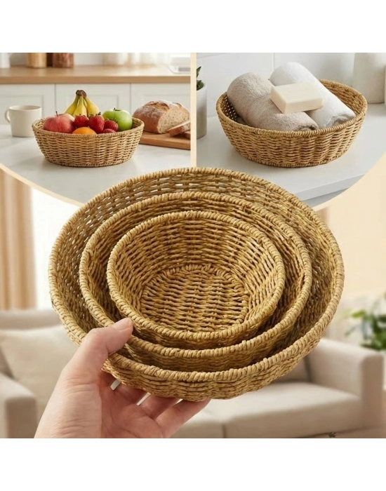 ®  3’lü Plastik Rattan Çanak Seti – Hasır Görünümlü İç İçe Geçebilen Sunum ve Düzenleme Kaseleri, Mutfak & Masaüstü Çok Amaçlı Organizer
