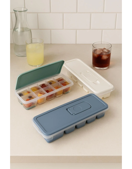 3’lü Set 12 Hazneli Bas Çıkar Buzluk & Buz Kabı