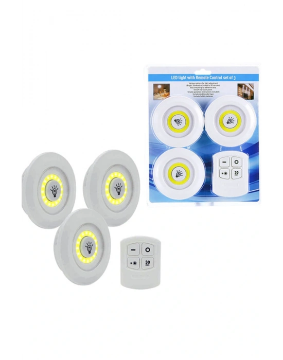 3lü Uzaktan Kumandalı Yapışkanlı Kablosuz Led Spot Lambalar