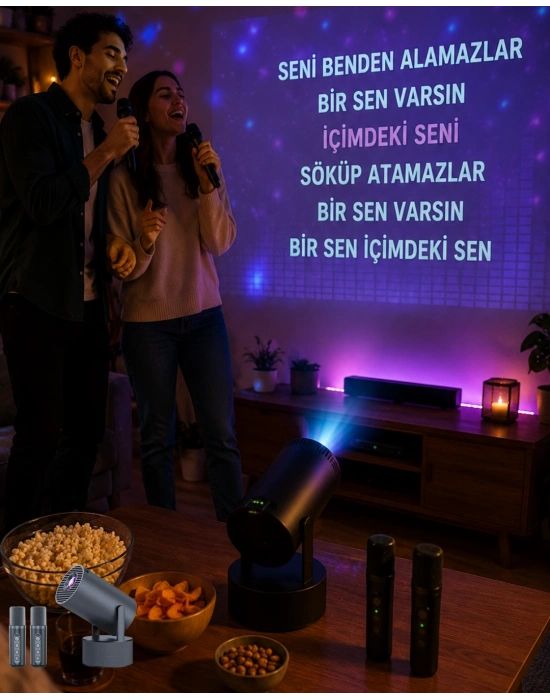 3ü 1 Arada Karaoke ve Projeksiyon Sistemi Çift Mikrofon Destekli