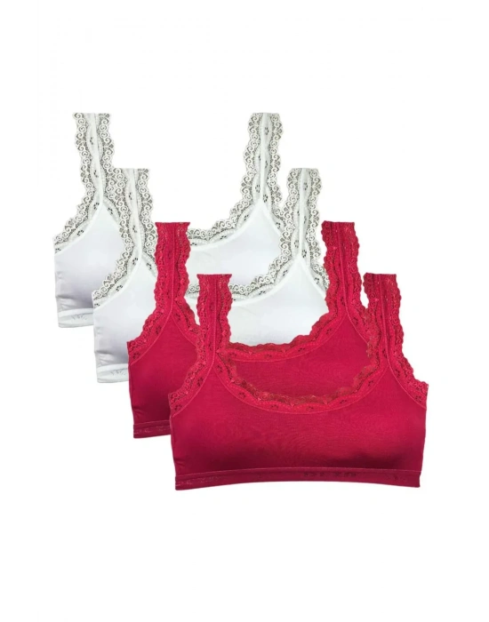 4 Adet Dantel Nakış İşlemeli Pedli Bambu Kadın Büstiyer Beyaz Bordo