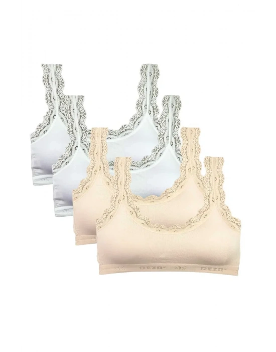 4 Adet Dantel Nakış İşlemeli Pedli Bambu Kadın Büstiyer Beyaz Krem