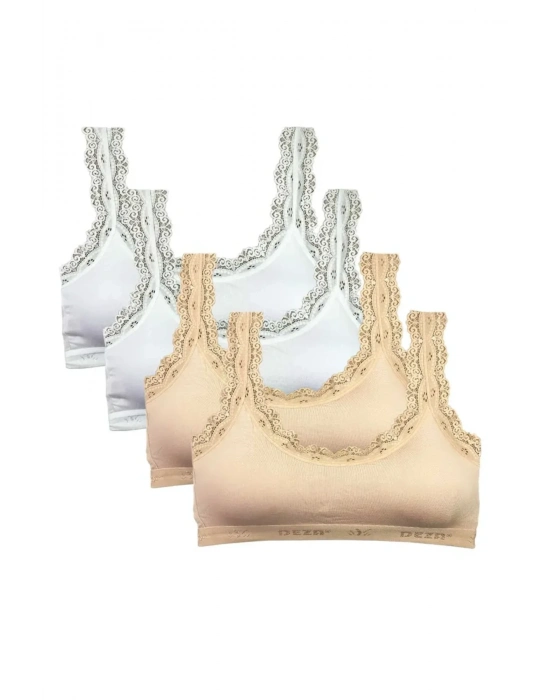 4 Adet Dantel Nakış İşlemeli Pedli Bambu Kadın Büstiyer Beyaz Ten