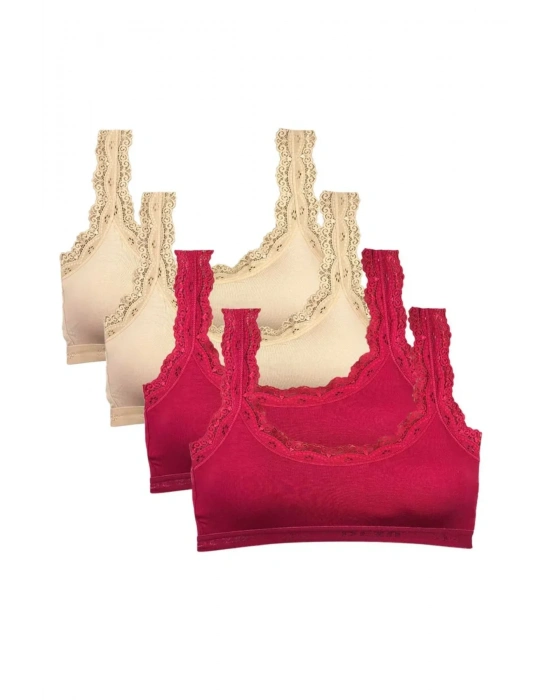 4 Adet Dantel Nakış İşlemeli Pedli Bambu Kadın Büstiyer Ten Bordo