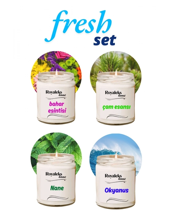 4 Adet Doğal Özel Seri Kokulu Dekoratif Kavanoz Mum 4X210 cc - Fresh Set - RYL