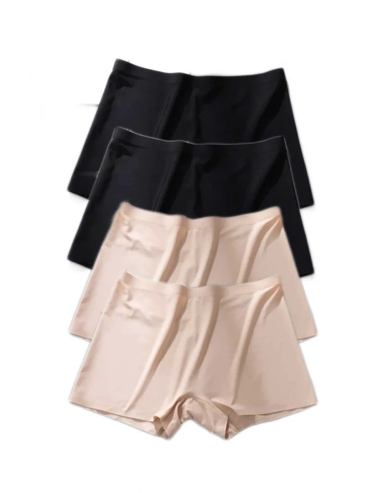 4 Adet Kadın Dikişsiz Görünmez İz Yapmaz Mini Şort Boxer Siyah Ten