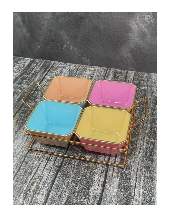 4 Bölmeli Gold Standlı Cam Kahvaltılık Çerezlik Sunumluk Renkli