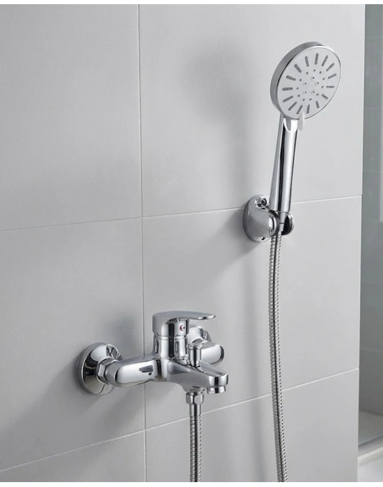 4 Kademeli Krem Duş Seti El Duşu Başlığı Spiral Hortum ve Duvar Askısı