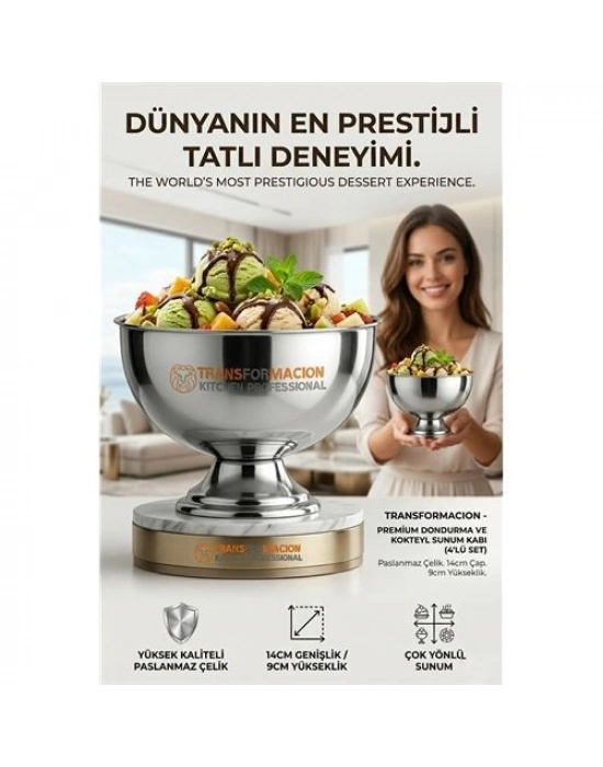 4 lü  Ayaklı Dondurma Tatlı Kokteyl ve Sunum Kasesi -  Paslanmaz Çelik 14 cm 723027