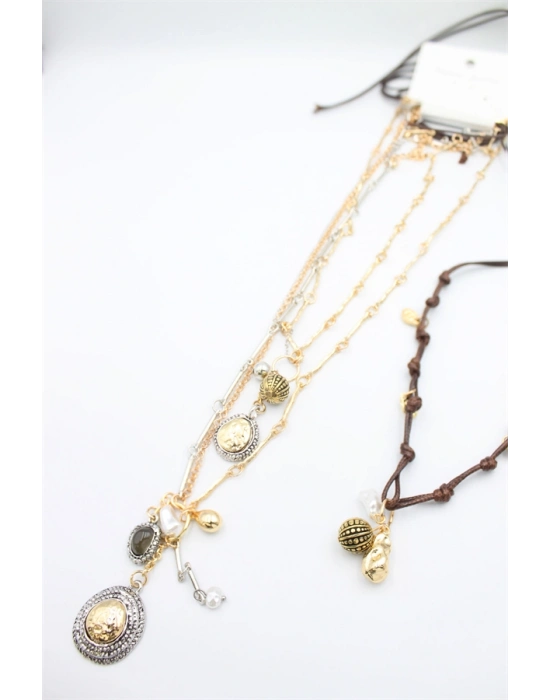 4lü Metal İp Set Kolye - Altın