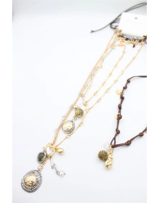 4lü Metal İp Set Kolye - Altın