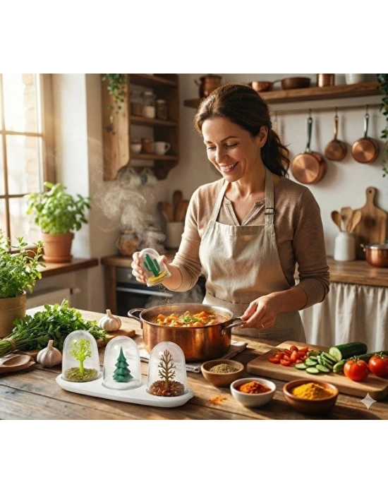 ® 4 Mevsim Temalı Tasarım Baharatlık Seti - Dekoratif Ağaç ve Kaktüs Figürlü Standlı Tuzluk Biberlik