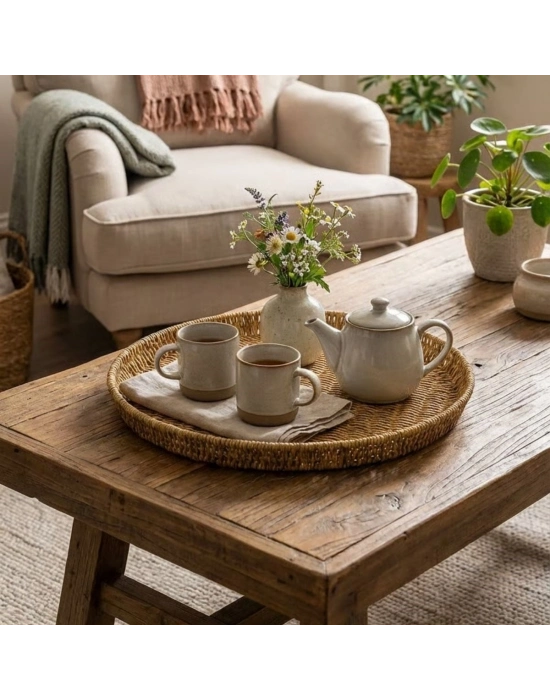 ®  40 cm Plastik Rattan Tepsi – Hasır Görünümlü Dekoratif Servis Tepsisi, Mutfak, Kahvaltı, Sunum ve Masaüstü Çok Amaçlı Organizer