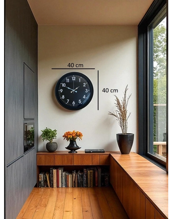 ® 40 cm Siyah Metal Siyah Kadran Duvar Saati