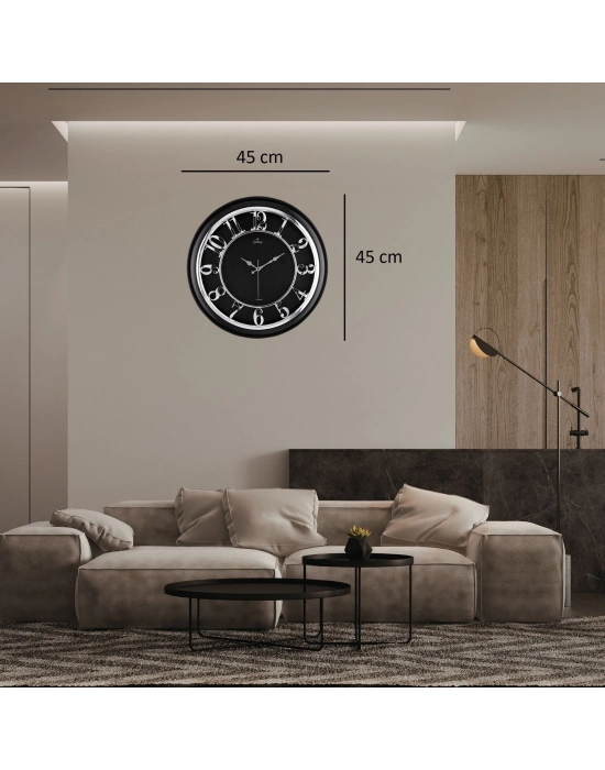 45 Cm Siyah Çerçeve Kabartma Gümüş Rakam Duvar Saati