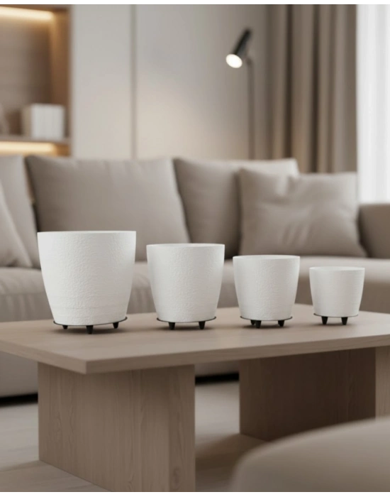 ® 4’lü 3D Beyaz Ayaklı Saksı Seti Modern Minimal Dekoratif Vazo