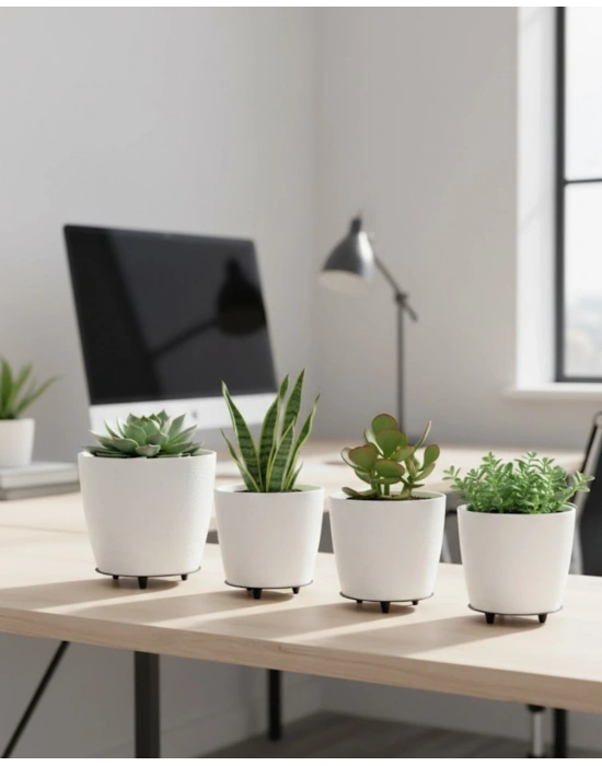 ® 4’lü 3D Beyaz Minimal Dekoratif Vazo Ayaklı Saksı Takımı