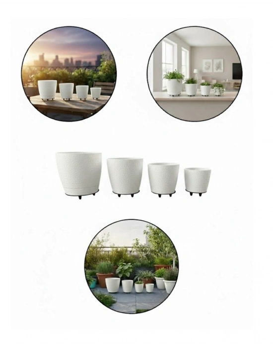 ® 4’lü 3D Beyaz Minimal Dekoratif Vazo Ayaklı Saksı Takımı