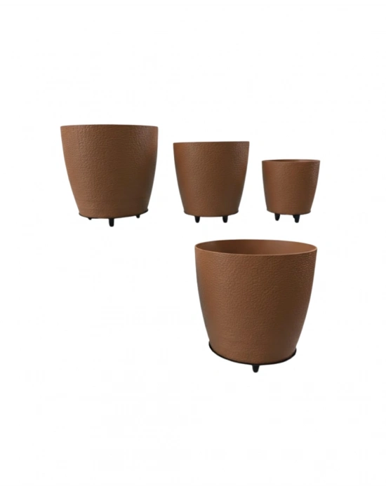 ® 4’lü 3D Kahverengi Dekoratif Vazo Seti Modern Ayaklı Şık Saksı Takımı